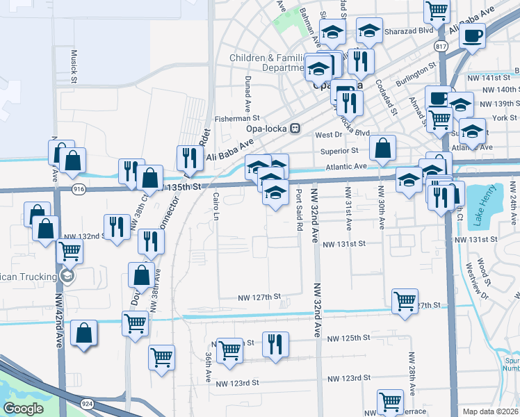 map of restaurants, bars, coffee shops, grocery stores, and more near 13350 Alexandria Drive in Opa-locka