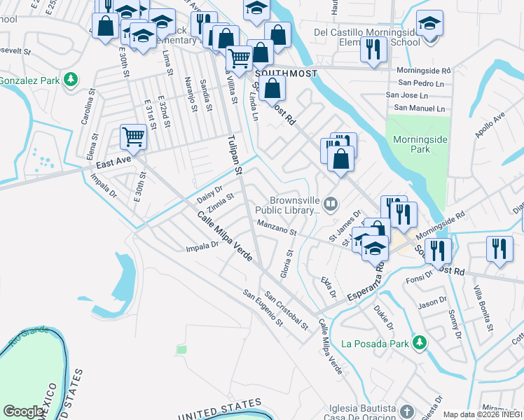 map of restaurants, bars, coffee shops, grocery stores, and more near 27 Coma Street in Brownsville