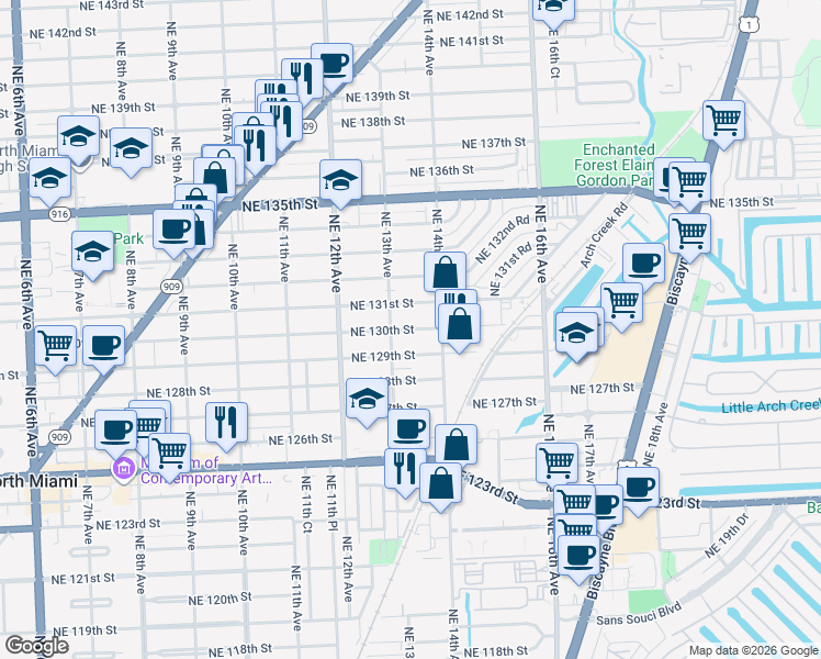 map of restaurants, bars, coffee shops, grocery stores, and more near 1320 Northeast 131st Street in North Miami