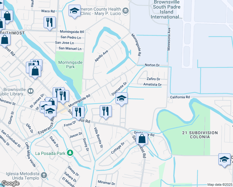 map of restaurants, bars, coffee shops, grocery stores, and more near 1925 Diamante Drive in Brownsville