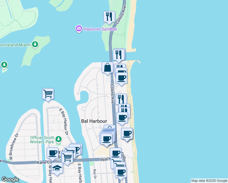 map of restaurants, bars, coffee shops, grocery stores, and more near 10225 Collins Avenue in Bal Harbour