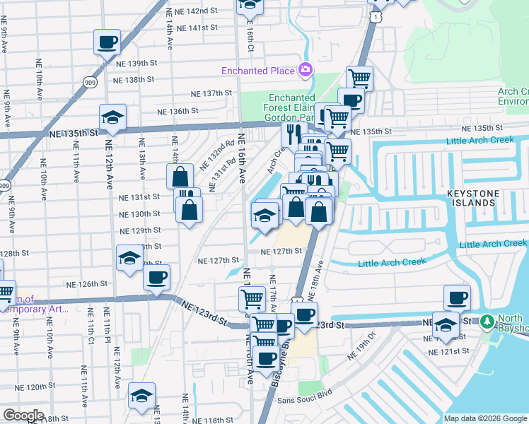 map of restaurants, bars, coffee shops, grocery stores, and more near in North Miami