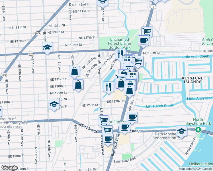 map of restaurants, bars, coffee shops, grocery stores, and more near in North Miami