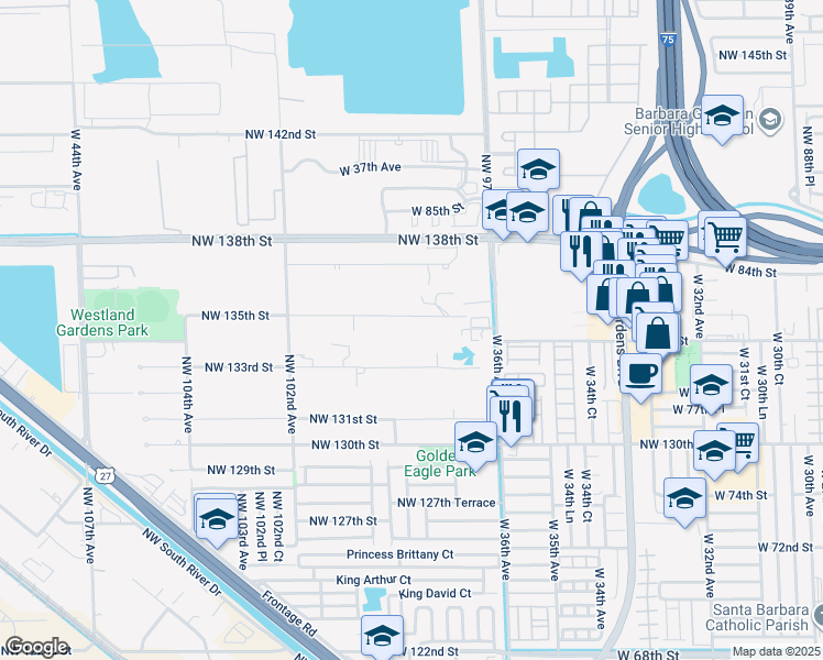 map of restaurants, bars, coffee shops, grocery stores, and more near 9720 Northwest 135th Street in Hialeah Gardens