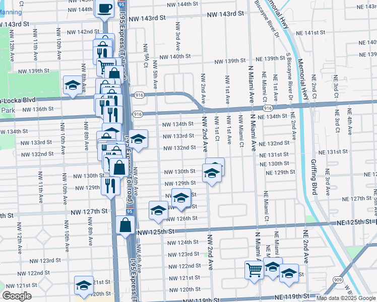 map of restaurants, bars, coffee shops, grocery stores, and more near 385 Northwest 132nd Street in North Miami