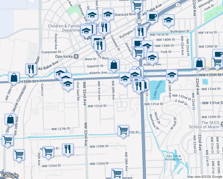map of restaurants, bars, coffee shops, grocery stores, and more near 13350 Northwest 30th Avenue in Opa-locka