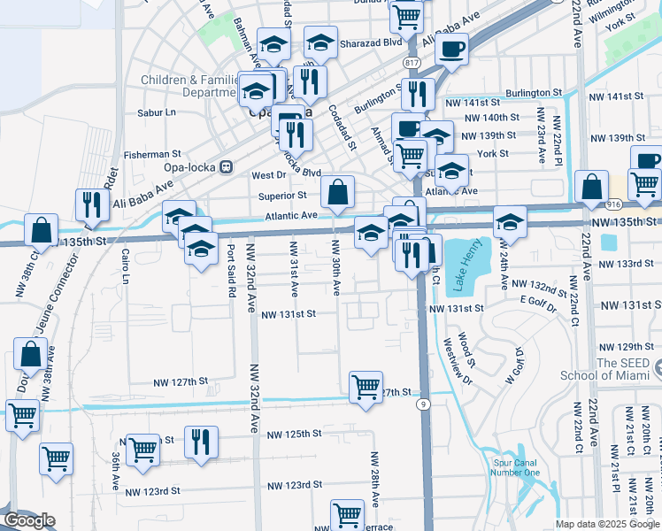 map of restaurants, bars, coffee shops, grocery stores, and more near 13350 Northwest 30th Avenue in Opa-locka
