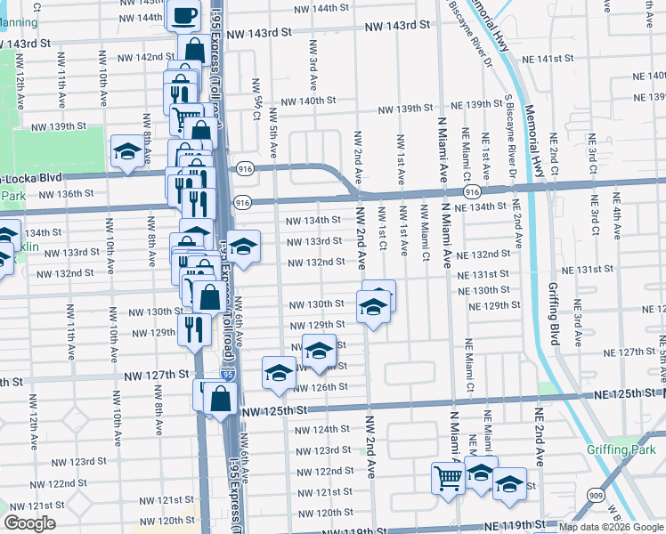 map of restaurants, bars, coffee shops, grocery stores, and more near 385 Northwest 132nd Street in North Miami