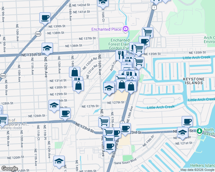 map of restaurants, bars, coffee shops, grocery stores, and more near in North Miami