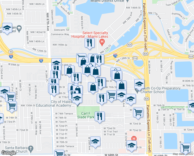 map of restaurants, bars, coffee shops, grocery stores, and more near 800 West 24th Avenue in Hialeah