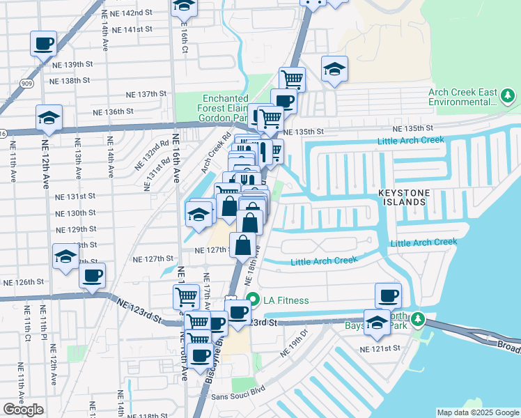 map of restaurants, bars, coffee shops, grocery stores, and more near 12995 Biscayne Boulevard in North Miami