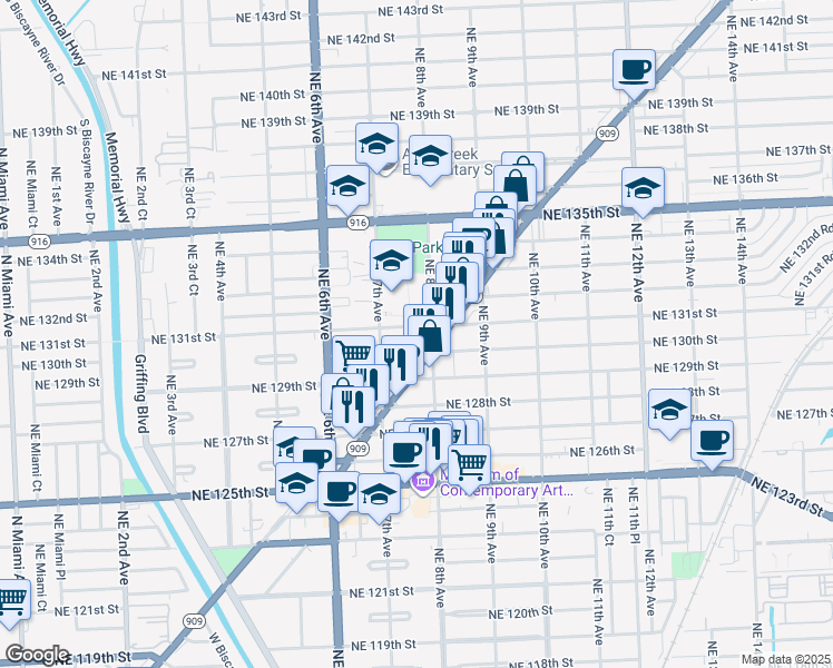map of restaurants, bars, coffee shops, grocery stores, and more near 800 Northeast 131st Street in North Miami