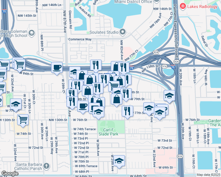 map of restaurants, bars, coffee shops, grocery stores, and more near 2485 West 81st Street in Hialeah