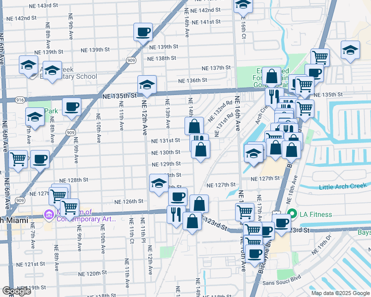 map of restaurants, bars, coffee shops, grocery stores, and more near 13077 Northeast 14th Avenue in North Miami