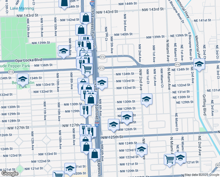 map of restaurants, bars, coffee shops, grocery stores, and more near 545 Northwest 132nd Street in North Miami