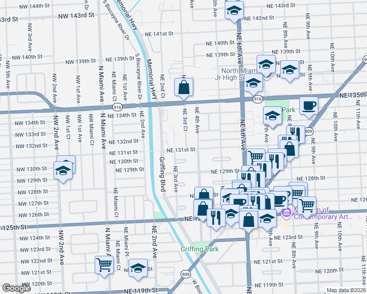 map of restaurants, bars, coffee shops, grocery stores, and more near 13135 Northeast 3rd Court in Miami