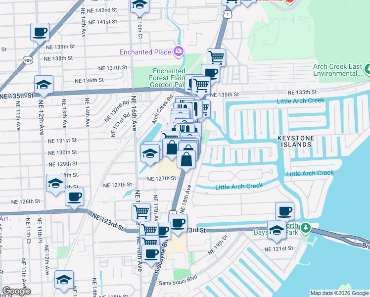 map of restaurants, bars, coffee shops, grocery stores, and more near 13000 Biscayne Boulevard in North Miami