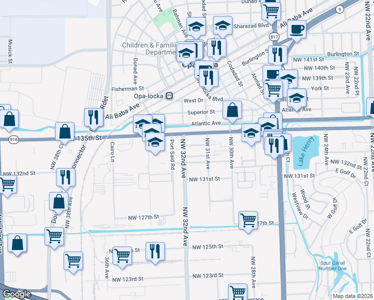 map of restaurants, bars, coffee shops, grocery stores, and more near 3198 Northwest 134th Street in Opa-locka