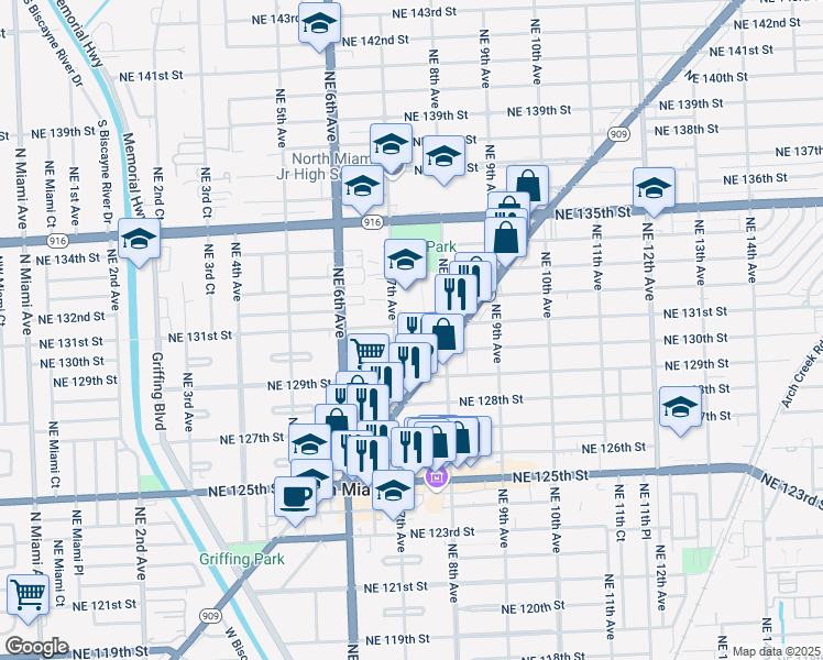 map of restaurants, bars, coffee shops, grocery stores, and more near 732 Northeast 131st Street in North Miami