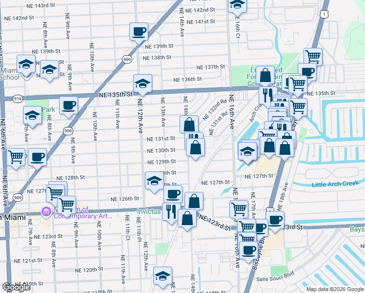 map of restaurants, bars, coffee shops, grocery stores, and more near 13077 Northeast 14th Avenue in North Miami