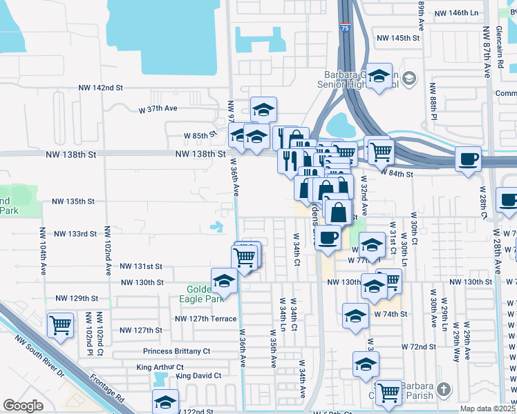 map of restaurants, bars, coffee shops, grocery stores, and more near 8085 West 36th Avenue in Hialeah