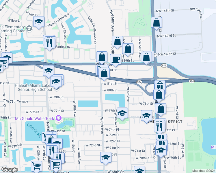 map of restaurants, bars, coffee shops, grocery stores, and more near 666 West 81st Street in Hialeah