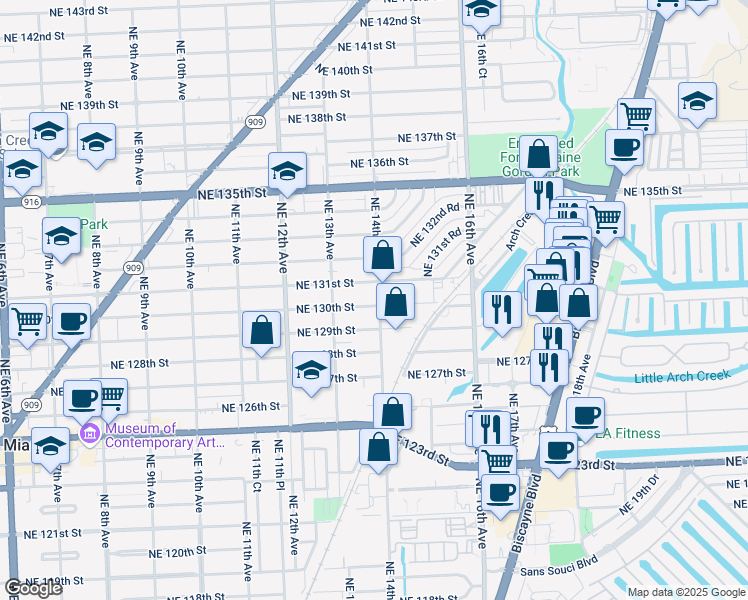map of restaurants, bars, coffee shops, grocery stores, and more near 13077 Northeast 14th Avenue in North Miami