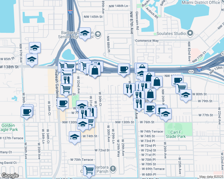 map of restaurants, bars, coffee shops, grocery stores, and more near 2955 West 80th Street in Hialeah Gardens