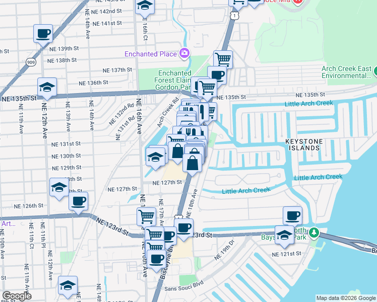 map of restaurants, bars, coffee shops, grocery stores, and more near 13000 Biscayne Boulevard in North Miami