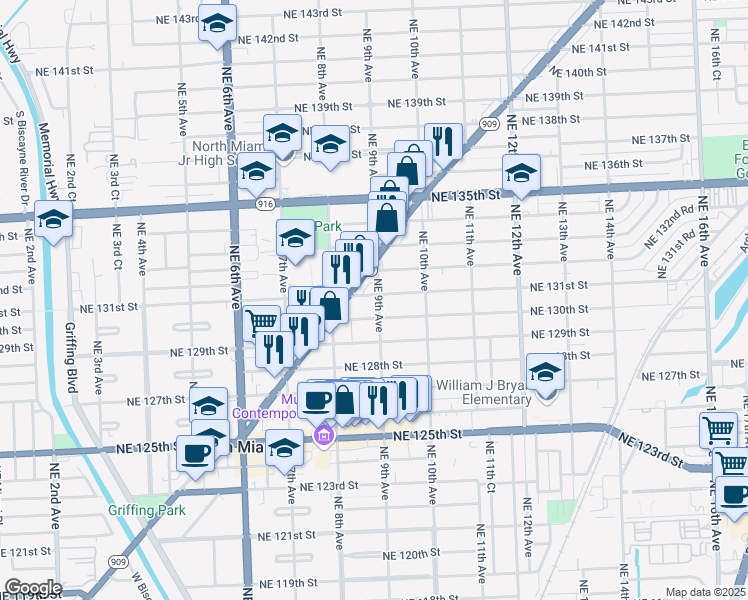 map of restaurants, bars, coffee shops, grocery stores, and more near 890 Northeast 131st Street in North Miami