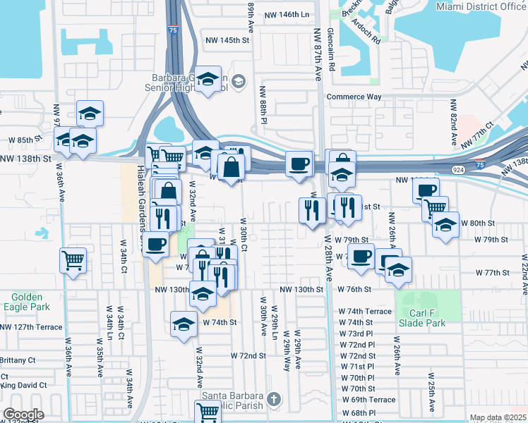 map of restaurants, bars, coffee shops, grocery stores, and more near 3000 West 84th Street in Hialeah