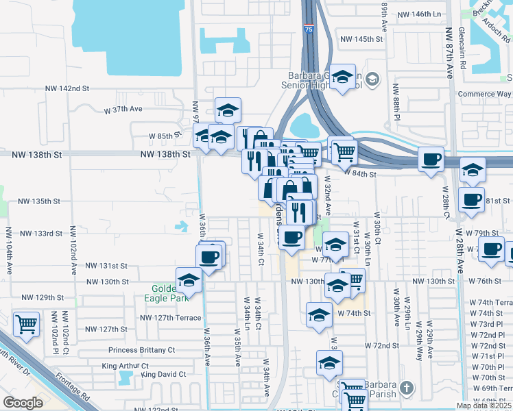 map of restaurants, bars, coffee shops, grocery stores, and more near 3460 West 84th Street in Hialeah