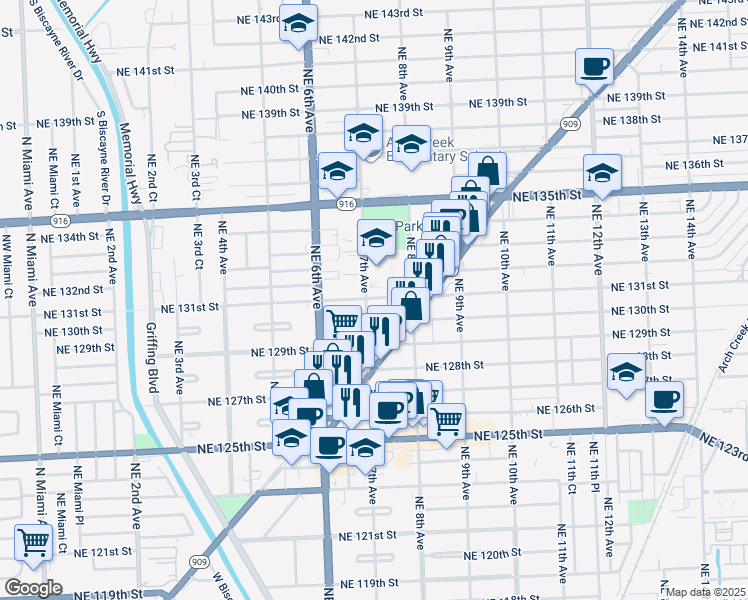map of restaurants, bars, coffee shops, grocery stores, and more near 732 Northeast 131st Street in North Miami