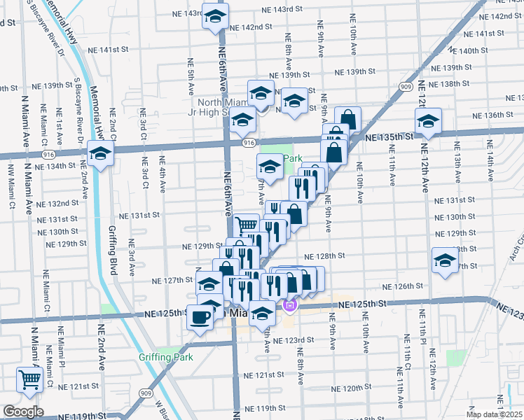 map of restaurants, bars, coffee shops, grocery stores, and more near 732 Northeast 131st Street in North Miami