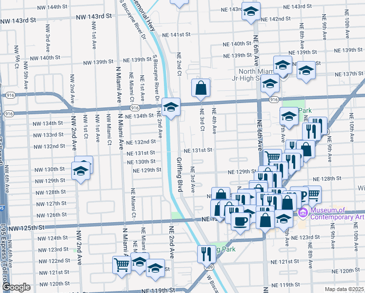 map of restaurants, bars, coffee shops, grocery stores, and more near 13126 Northeast 3rd Avenue in North Miami