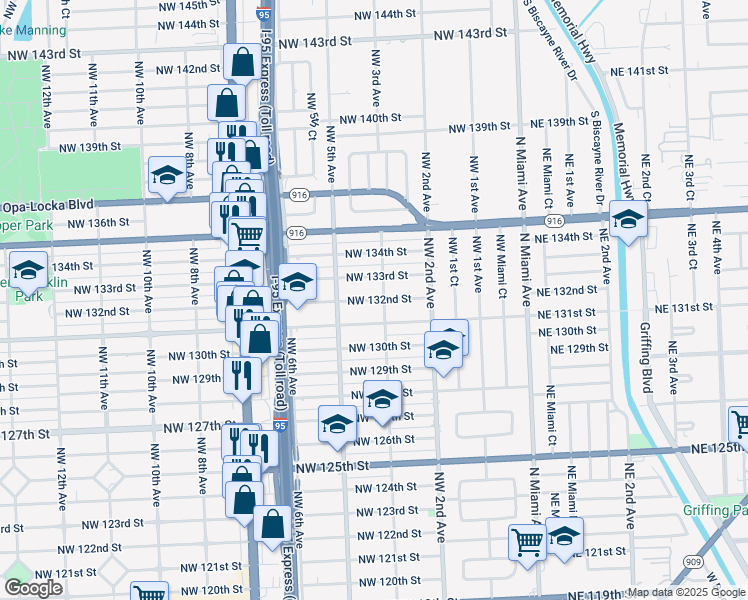 map of restaurants, bars, coffee shops, grocery stores, and more near 385 Northwest 132nd Street in North Miami
