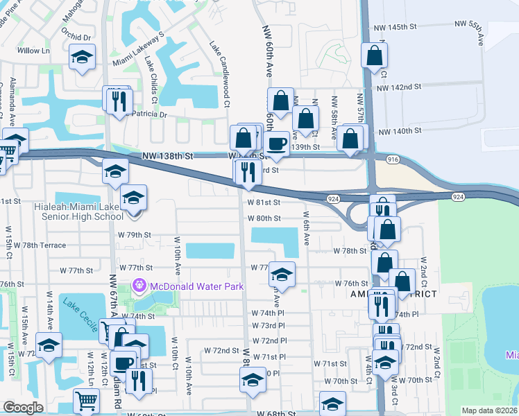 map of restaurants, bars, coffee shops, grocery stores, and more near 666 West 81st Street in Hialeah