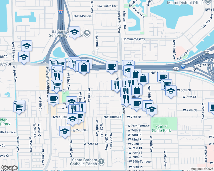 map of restaurants, bars, coffee shops, grocery stores, and more near 2955 West 80th Street in Hialeah Gardens