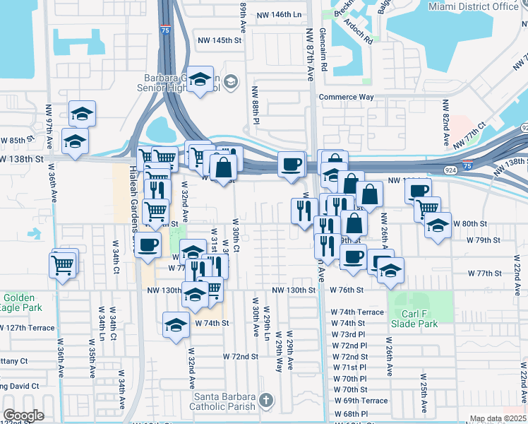 map of restaurants, bars, coffee shops, grocery stores, and more near 2955 West 80th Street in Hialeah Gardens
