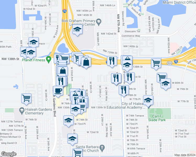 map of restaurants, bars, coffee shops, grocery stores, and more near 3000 West 84th Street in Hialeah