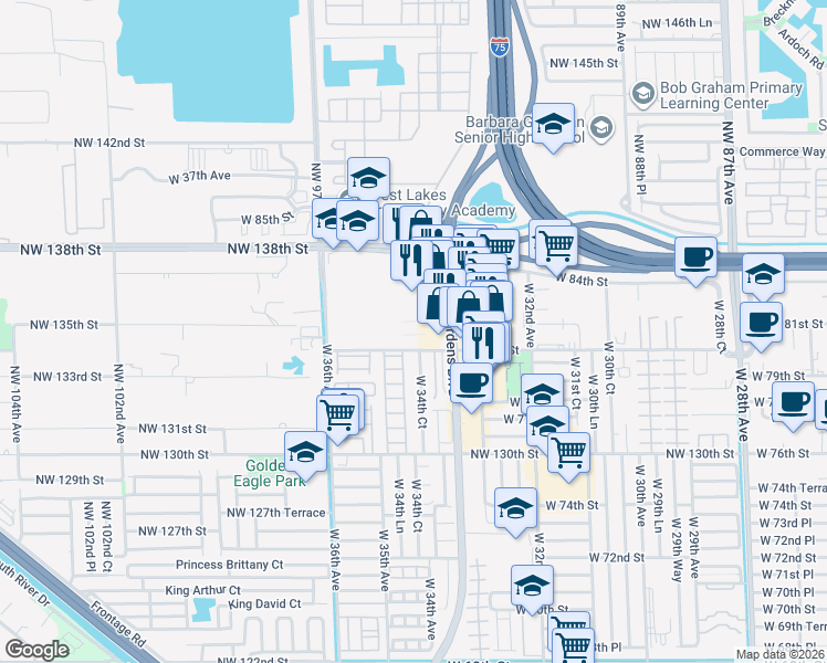 map of restaurants, bars, coffee shops, grocery stores, and more near 3460 West 84th Street in Hialeah