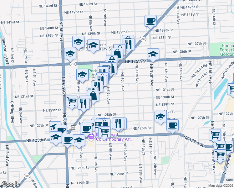 map of restaurants, bars, coffee shops, grocery stores, and more near 950 Northeast 131st Street in North Miami