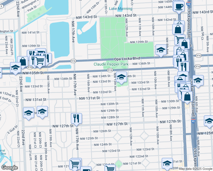 map of restaurants, bars, coffee shops, grocery stores, and more near 1370 Northwest 133rd Street in Miami