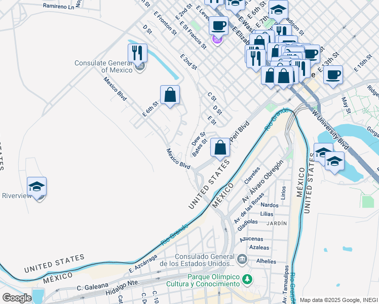 map of restaurants, bars, coffee shops, grocery stores, and more near 45 Dew Street in Brownsville