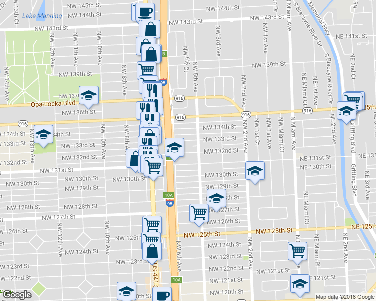 map of restaurants, bars, coffee shops, grocery stores, and more near 545 Northwest 132nd Street in North Miami