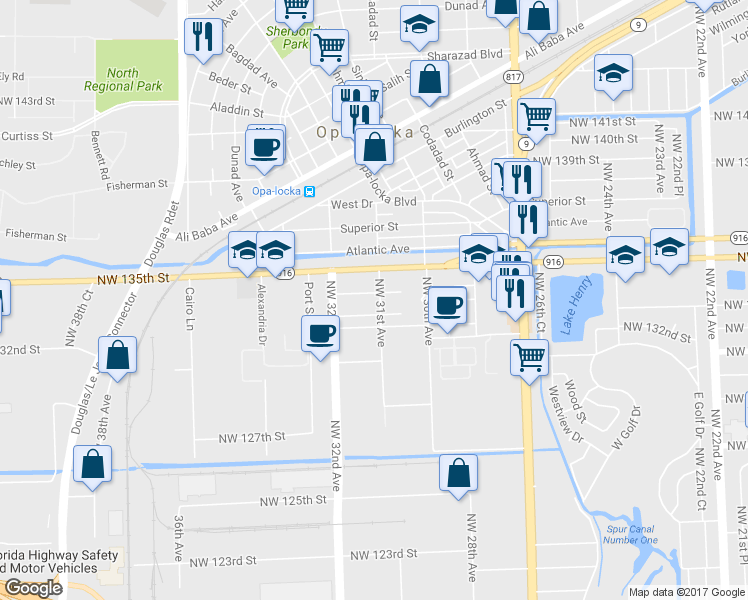 map of restaurants, bars, coffee shops, grocery stores, and more near 3110 Northwest 134th Street in Opa-locka