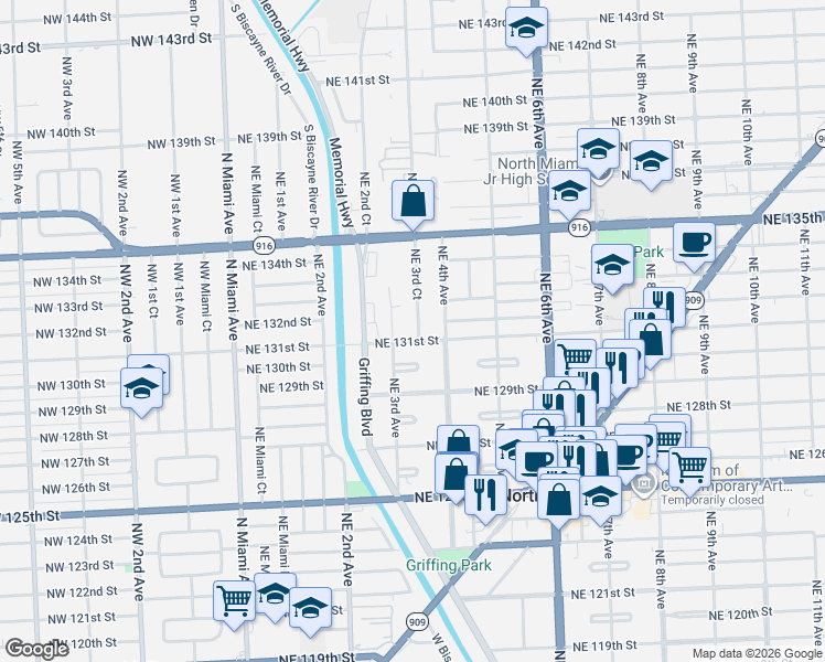 map of restaurants, bars, coffee shops, grocery stores, and more near 13100 Northeast 3rd Court in Miami