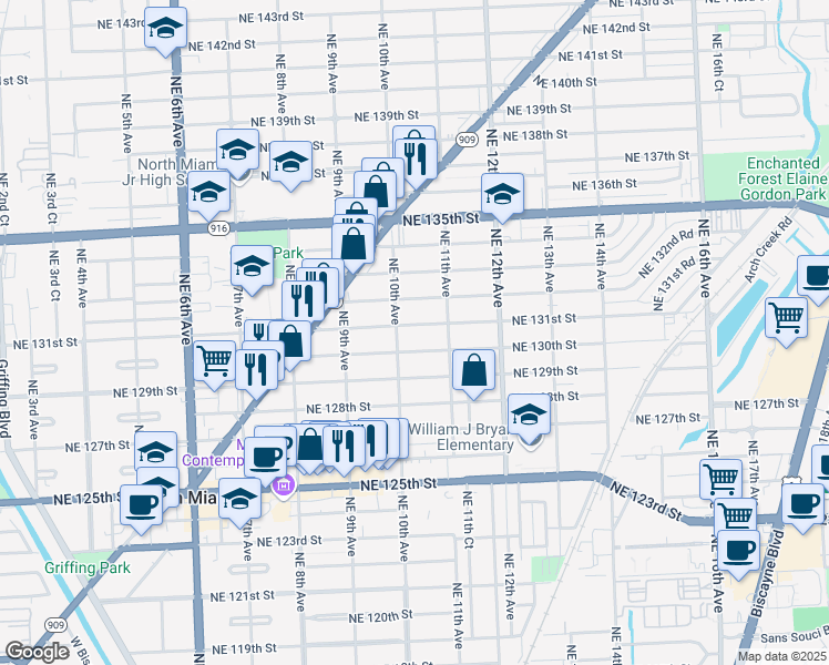 map of restaurants, bars, coffee shops, grocery stores, and more near 1030 Northeast 131st Street in North Miami