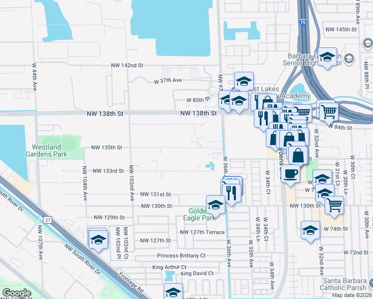 map of restaurants, bars, coffee shops, grocery stores, and more near 9720 Northwest 135th Street in Hialeah Gardens