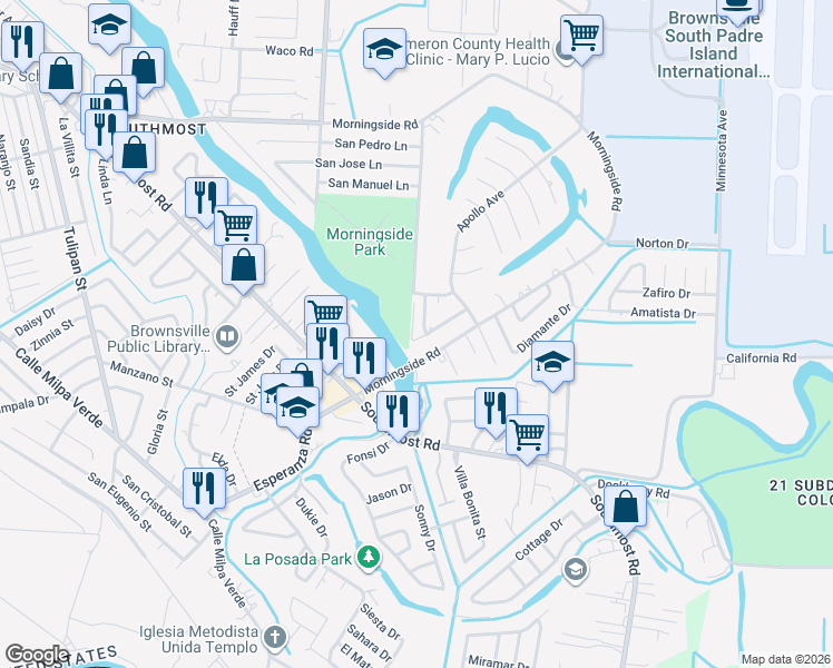 map of restaurants, bars, coffee shops, grocery stores, and more near 4701 Young Drive in Brownsville